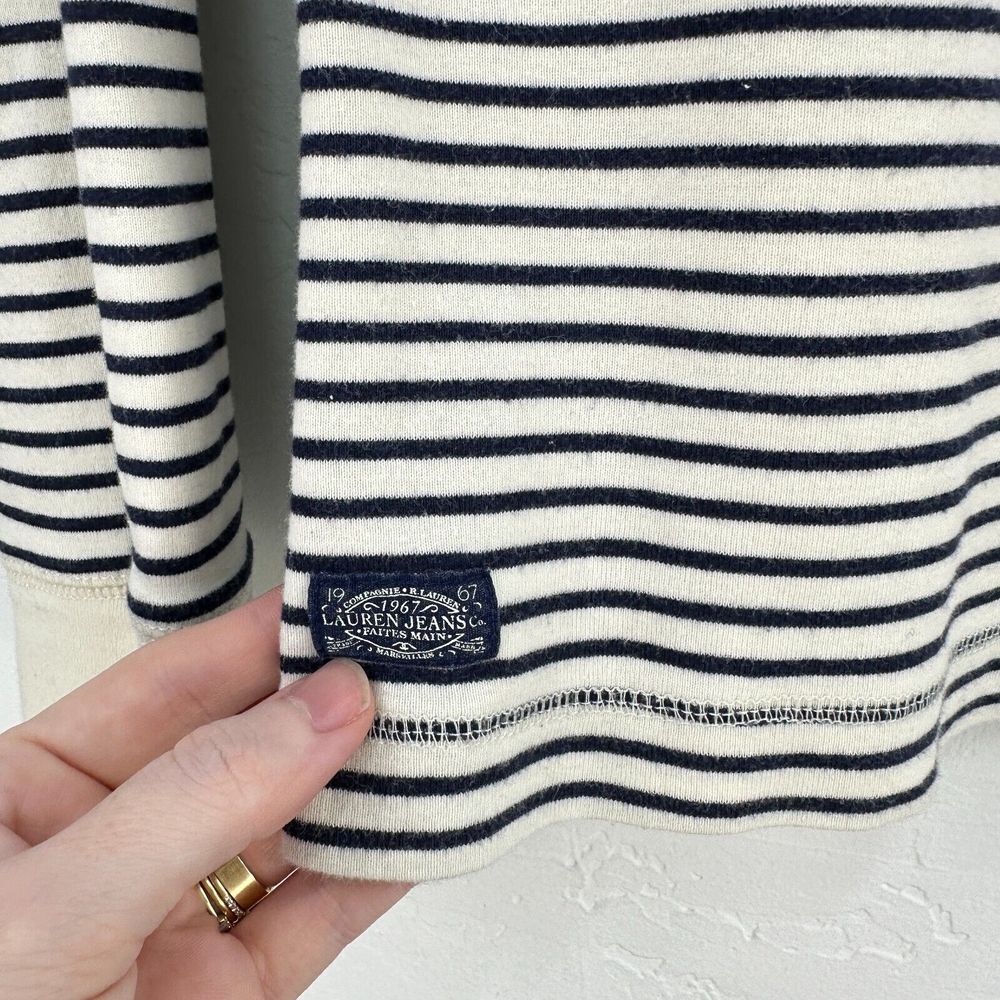 Vintage Lauren Jeans Co Top S Cream Blue Striped Elbow Patch 90s Ralph Lauren - Picture 4 of 7